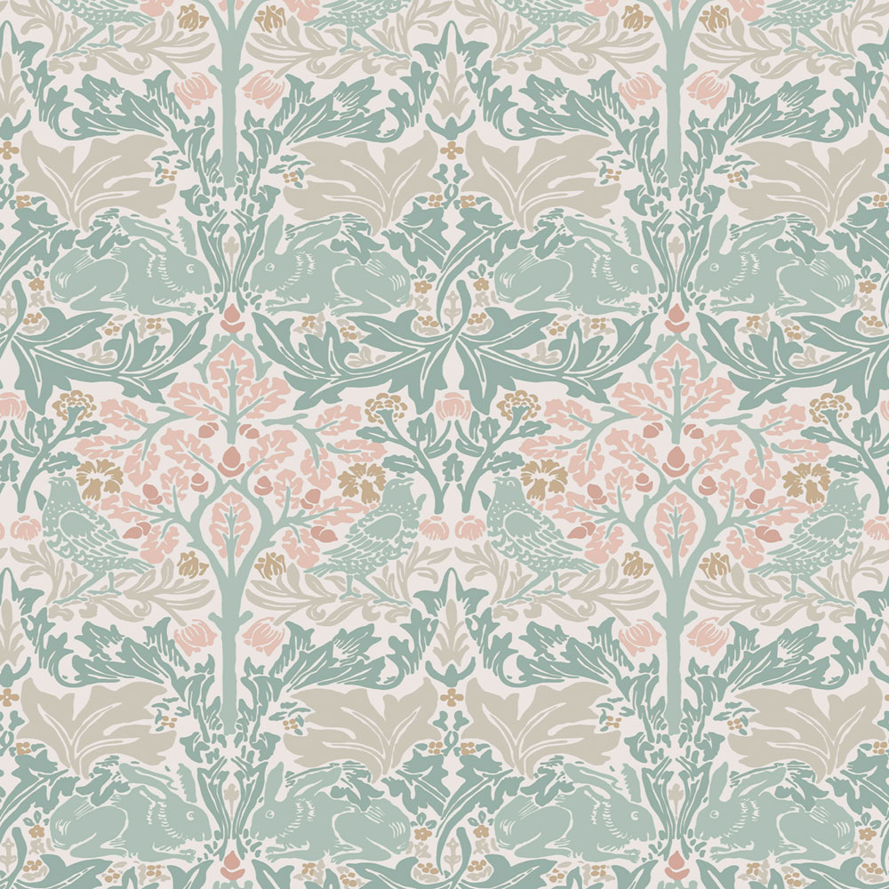Wallpaper, Green, Pink, Leaves, Trees, Birds, Hares, 140499, William Morris at Home vol. 2