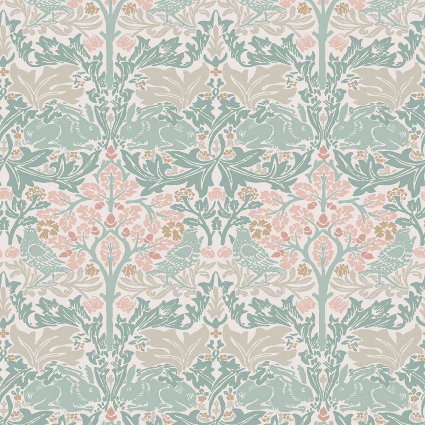Wallpaper, Green, Pink, Leaves, Trees, Birds, Hares, 140499, William Morris at Home vol. 2