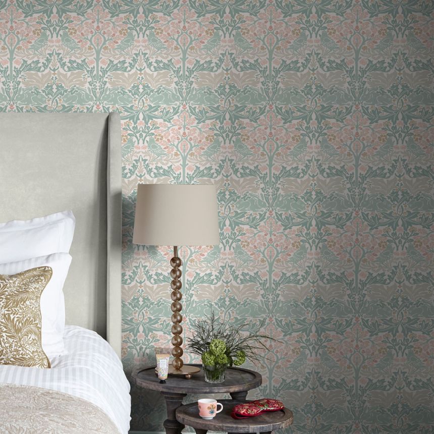 Wallpaper, Green, Pink, Leaves, Trees, Birds, Hares, 140499, William Morris at Home vol. 2