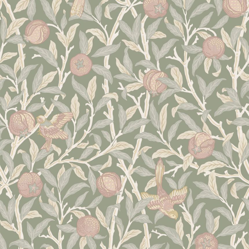 Wallpaper, Green, Pink, Twigs, Birds, 140502, William Morris at Home vol. 2