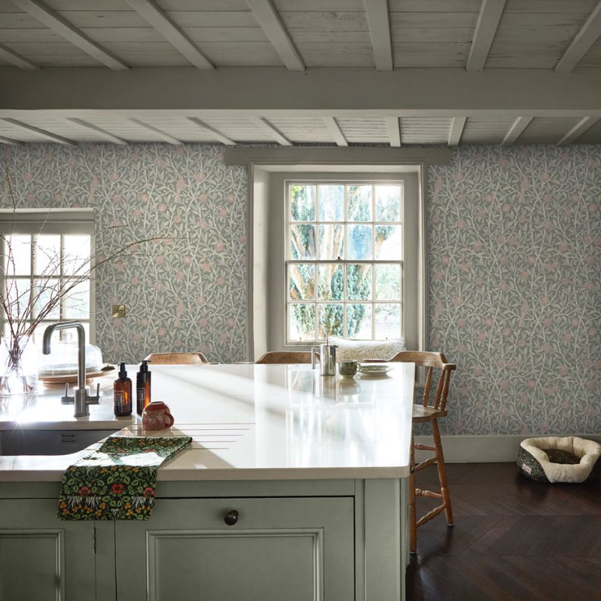 Wallpaper, Green, Pink, Twigs, Birds, 140502, William Morris at Home vol. 2
