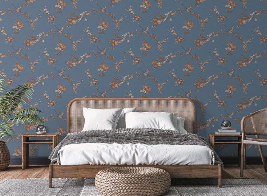 Luxury blue non-woven floral wallpaper FT221215, Fabric Touch, Design ID