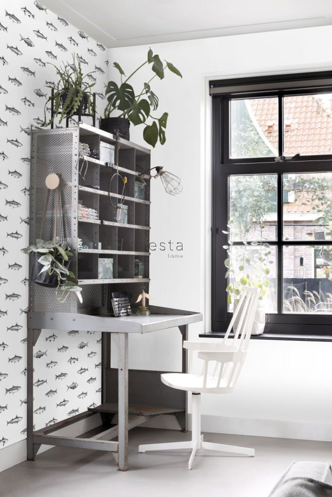 White non-woven wallpaper with black fish 138967, Black & White, Esta