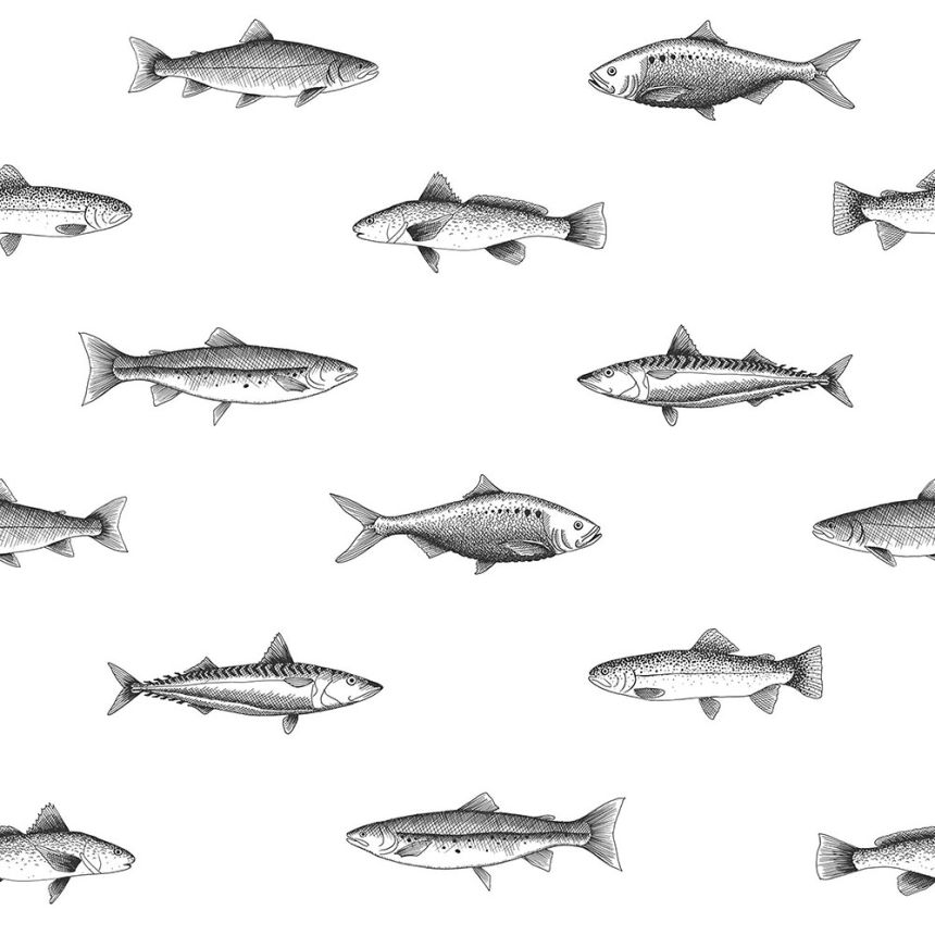 White non-woven wallpaper with black fish 138967, Black & White, Esta
