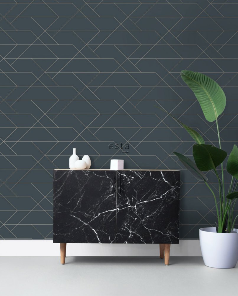 Dark blue non-woven wallpaper with golden lines 139213, Art Deco, Esta