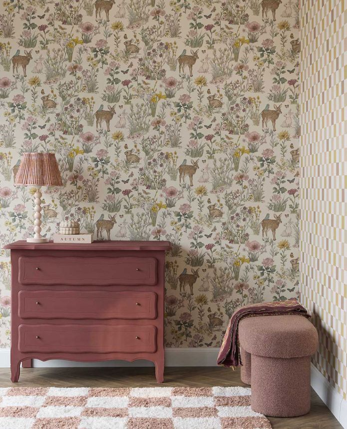 Wallpaper, pink, beige, checked fabric effect, 363145, Tiny Treasures, Eijffinger