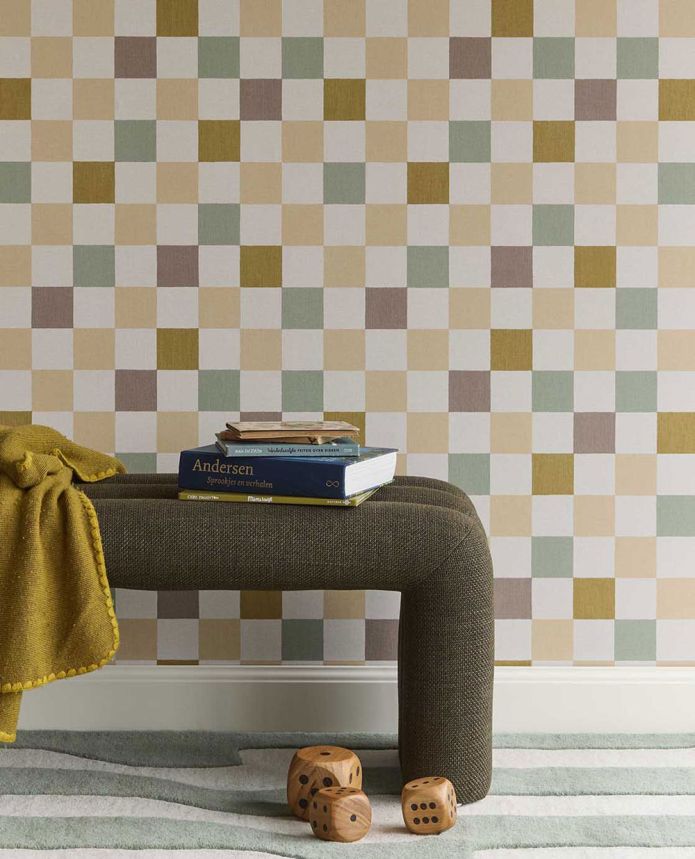 Wallpaper, green, brown, checked fabric effect, 363147, Tiny Treasures, Eijffinger