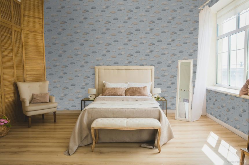 Kids' wallpaper, blue, clouds, polka dots, 363163, Tiny Treasures, Eijffinger