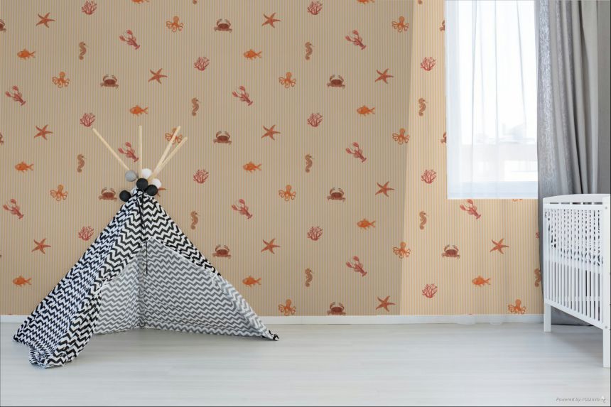Kids' wallpaper, orange, pink, stripes, sea motifs, 363171, Tiny Treasures, Eijffinger