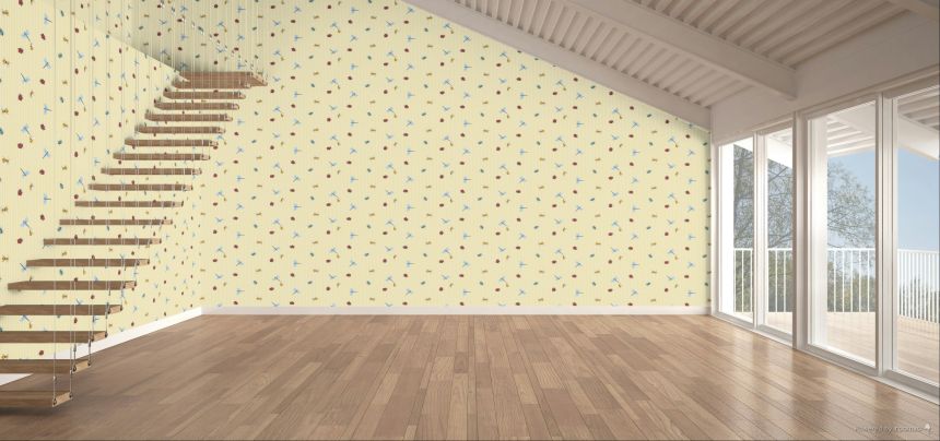 Kids' wallpaper, cream-yellow, stripes, insects, 363180, Tiny Treasures, Eijffinger