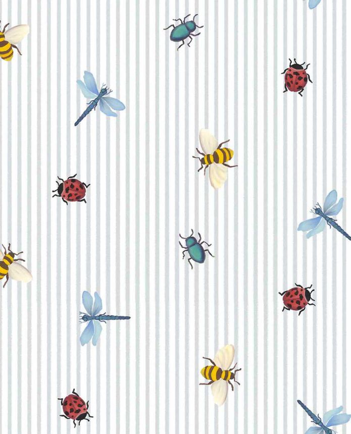 Kids' wallpaper, grey-white, stripes, insects, 363181, Tiny Treasures, Eijffinger