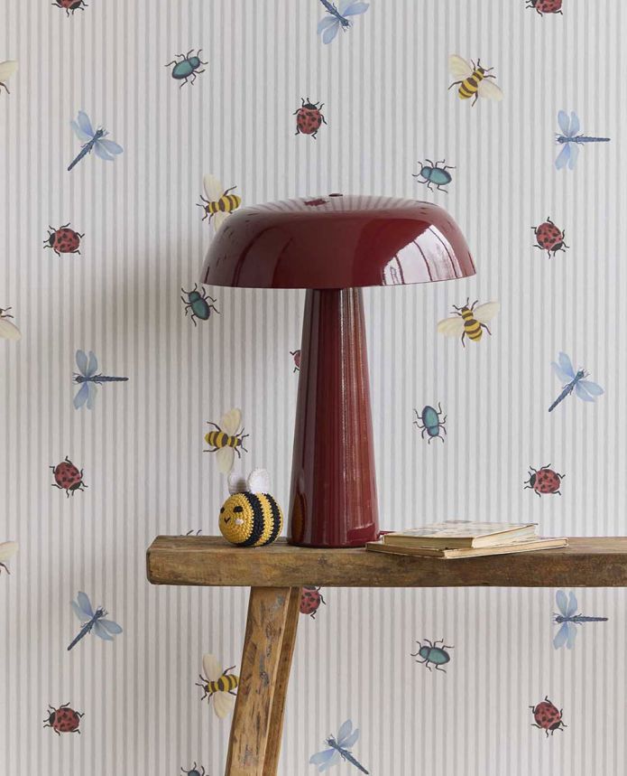 Kids' wallpaper, grey-white, stripes, insects, 363181, Tiny Treasures, Eijffinger
