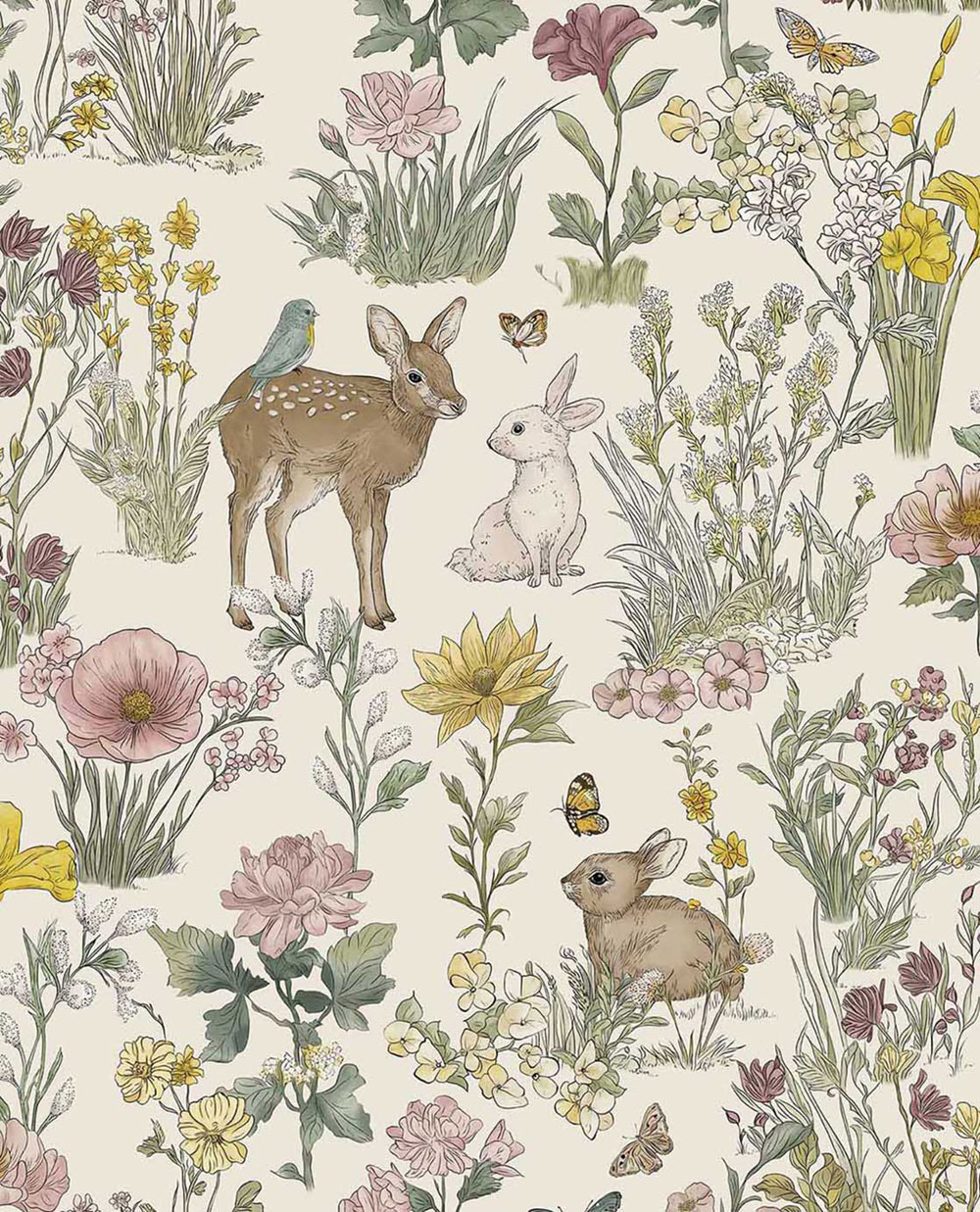 Kids' wallpaper, cream, animals, flowers, 363190, Tiny Treasures, Eijffinger