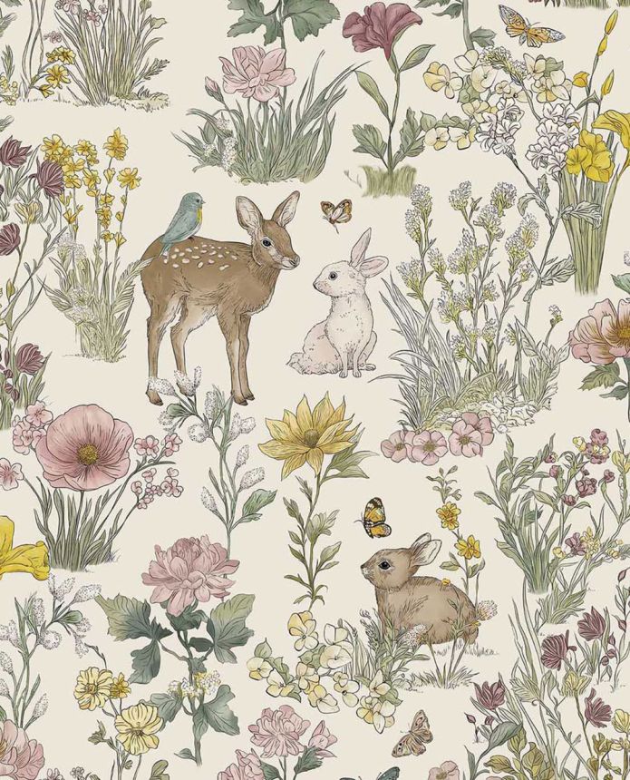 Kids' wallpaper, cream, animals, flowers, 363190, Tiny Treasures, Eijffinger