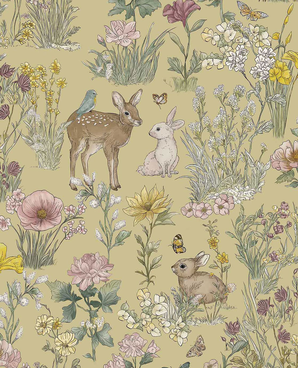 Kids' wallpaper, green, animals, flowers, 363192, Tiny Treasures, Eijffinger