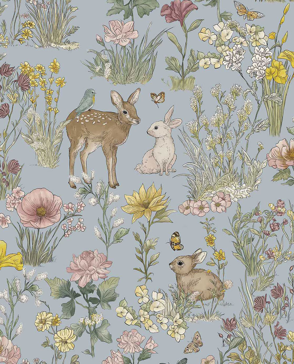 Kids' wallpaper, blue, animals, flowers, 363193, Tiny Treasures, Eijffinger