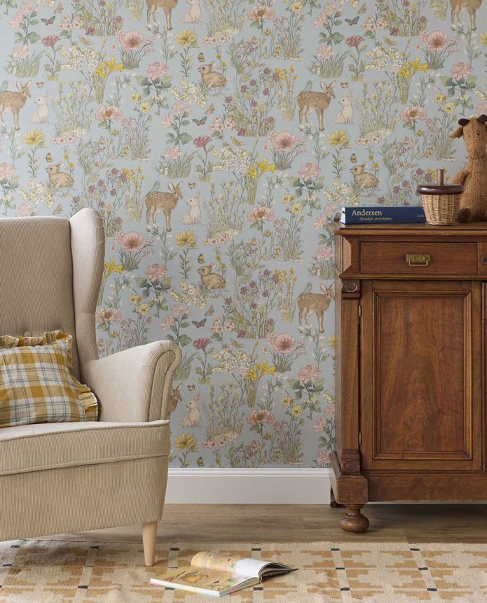Kids' wallpaper, blue, animals, flowers, 363193, Tiny Treasures, Eijffinger