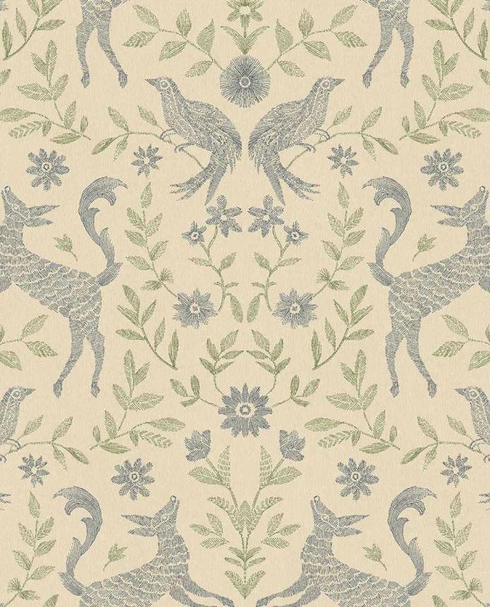 Kids' wallpaper, cream, blue, animals, flowers, 363114, Tiny Treasures, Eijffinger