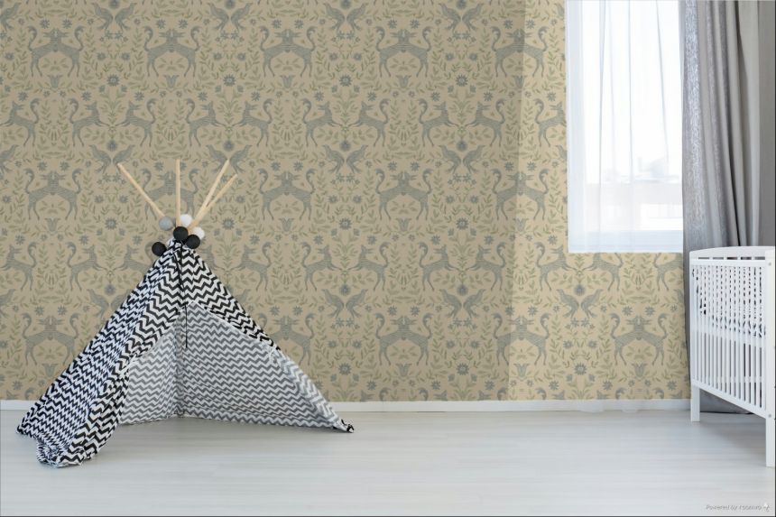 Kids' wallpaper, cream, blue, animals, flowers, 363114, Tiny Treasures, Eijffinger