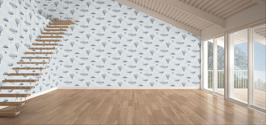 Kids' wallpaper, blue, balloons, airships, 363120, Tiny Treasures, Eijffinger