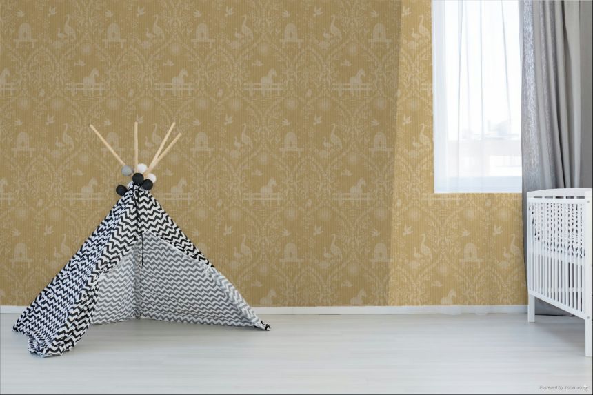 Yellow wallpaper, animals, flowers, 363131, Tiny Treasures, Eijffinger
