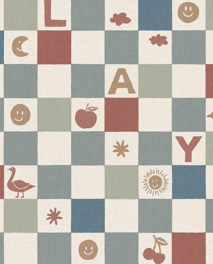 Kids' wallpaper, red, blue, checkerboard pattern with symbols, 363140, Tiny Treasures, Eijffinger