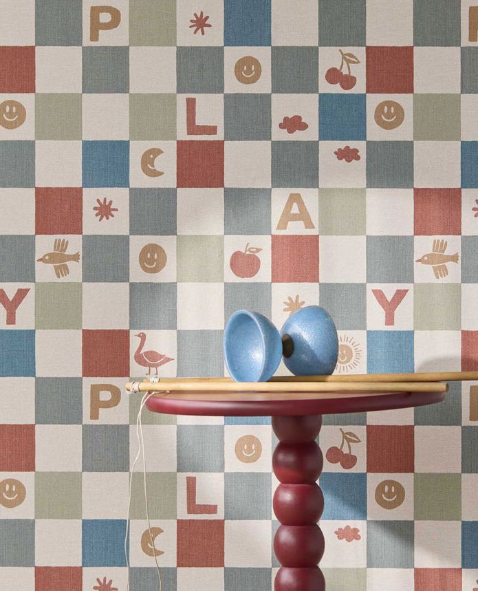 Kids' wallpaper, red, blue, checkerboard pattern with symbols, 363140, Tiny Treasures, Eijffinger