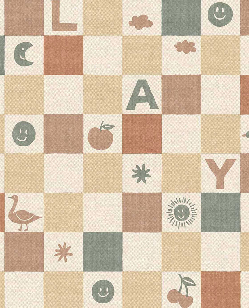 Kids' wallpaper, green, beige, checkerboard pattern with symbols, 363141, Tiny Treasures, Eijffinger