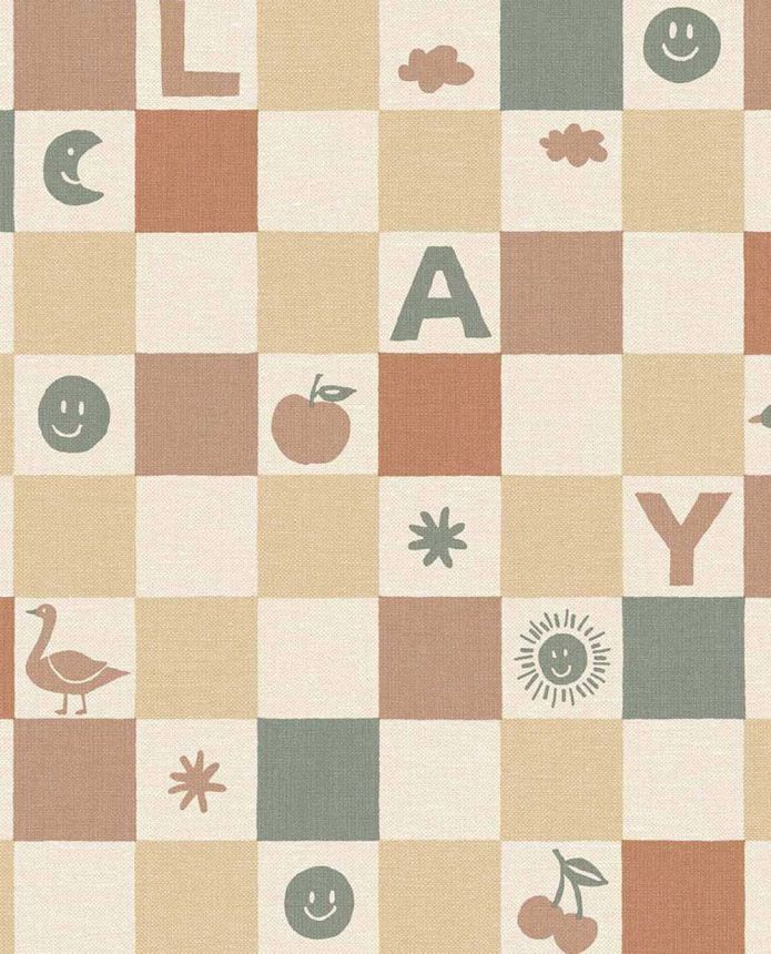 Kids' wallpaper, green, beige, checkerboard pattern with symbols, 363141, Tiny Treasures, Eijffinger