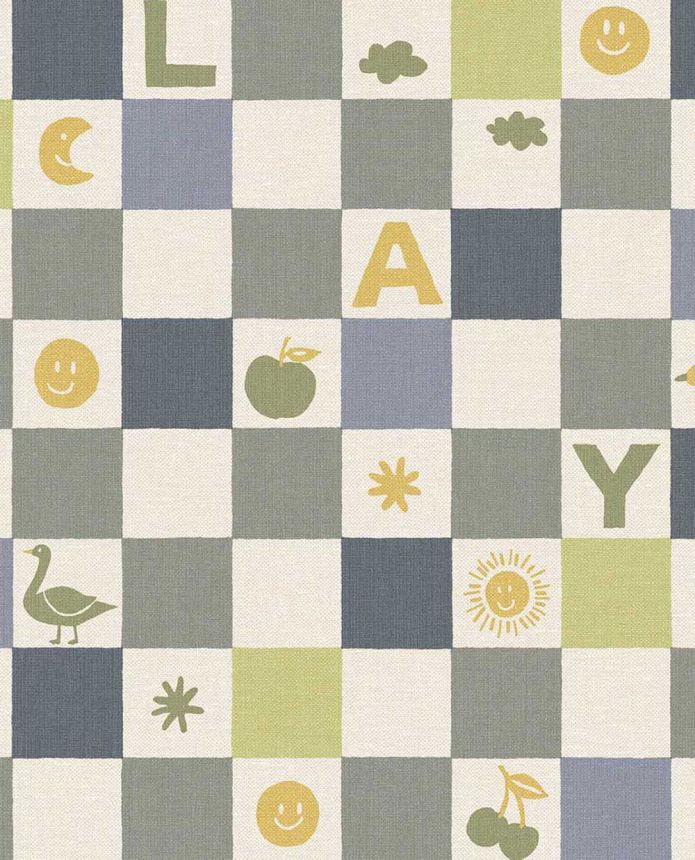 Kids' wallpaper, blue, green, checkerboard pattern with symbols, 363142, Tiny Treasures, Eijffinger