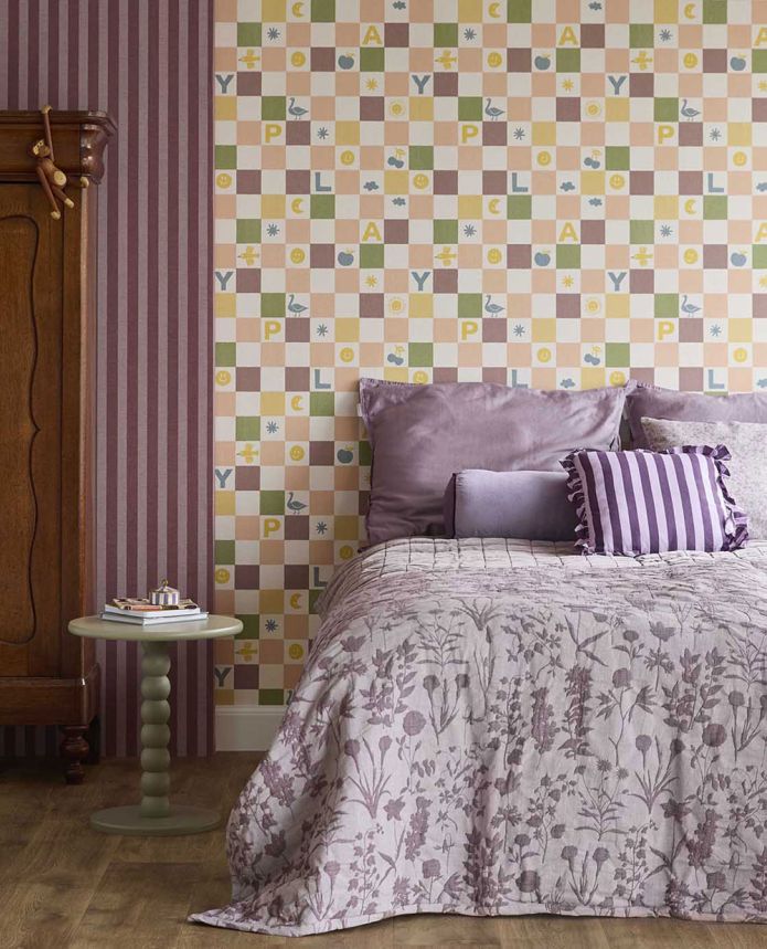 Kids' wallpaper, burgundy, green, checkerboard pattern with symbols, 363143, Tiny Treasures, Eijffinger