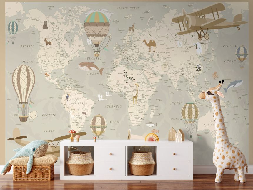 Custom Wall Murals, World Map with Animals, 10203, Vavex