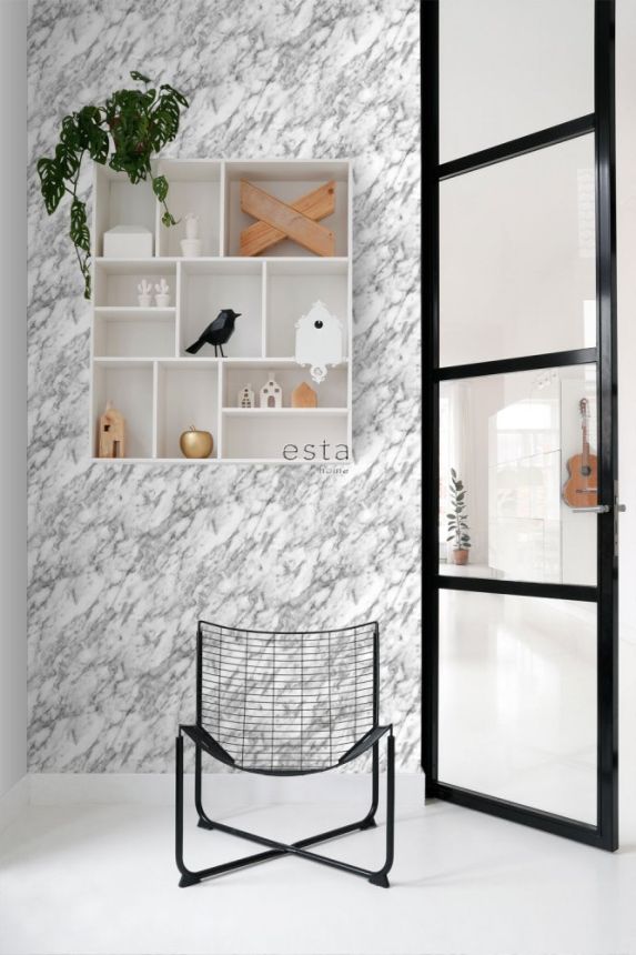Non-woven wallpaper, black and white marble 139119, Black & White, Esta