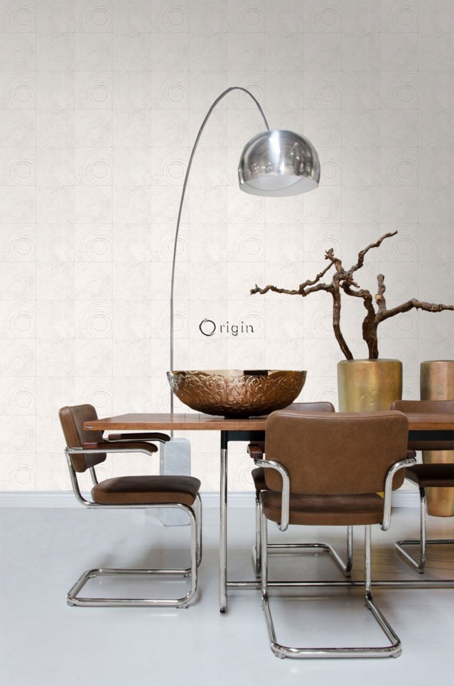 Gray-white non-woven wallpaper, imitation wood with annual rings 347546, Matières - Wood, Origin