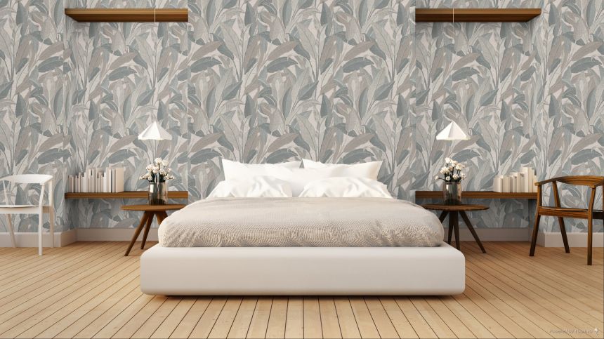 Leaf Wallpaper, Blue, Beige-Grey, RE521054, Renaissance, Design ID