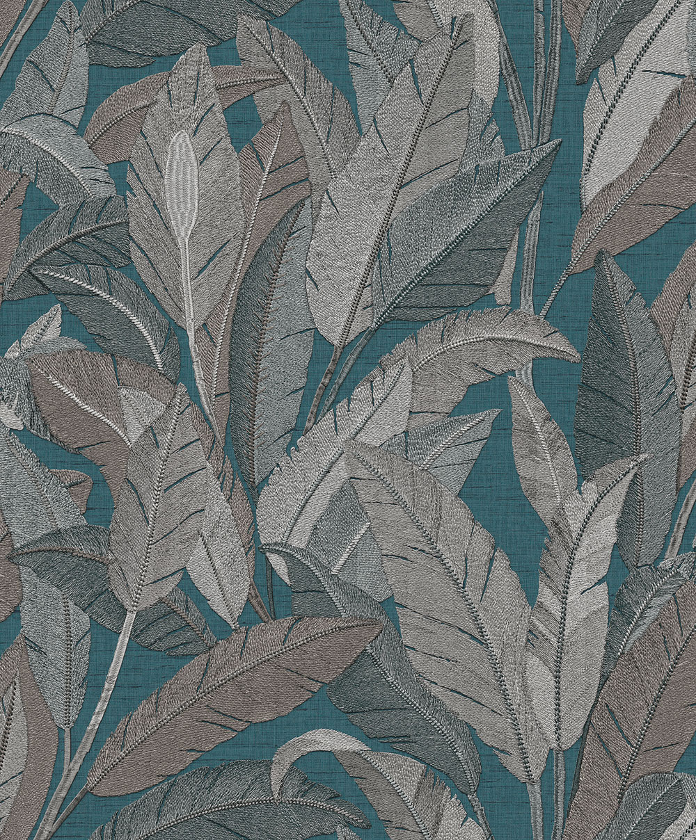 Leaf Wallpaper, Petrol Blue, Grey, RE521056, Renaissance, Design ID