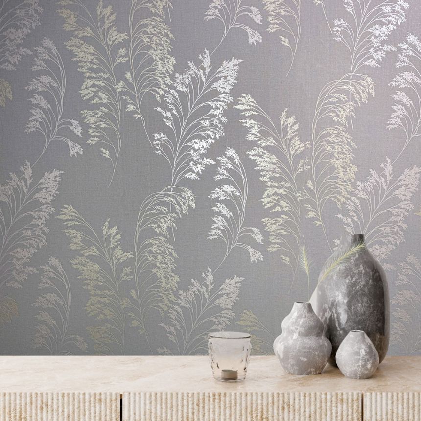 Non-woven wallpaper, gray, pink and silver, Flowers, Leaves, S 82343, Bestseller Basic 1, Marburg
