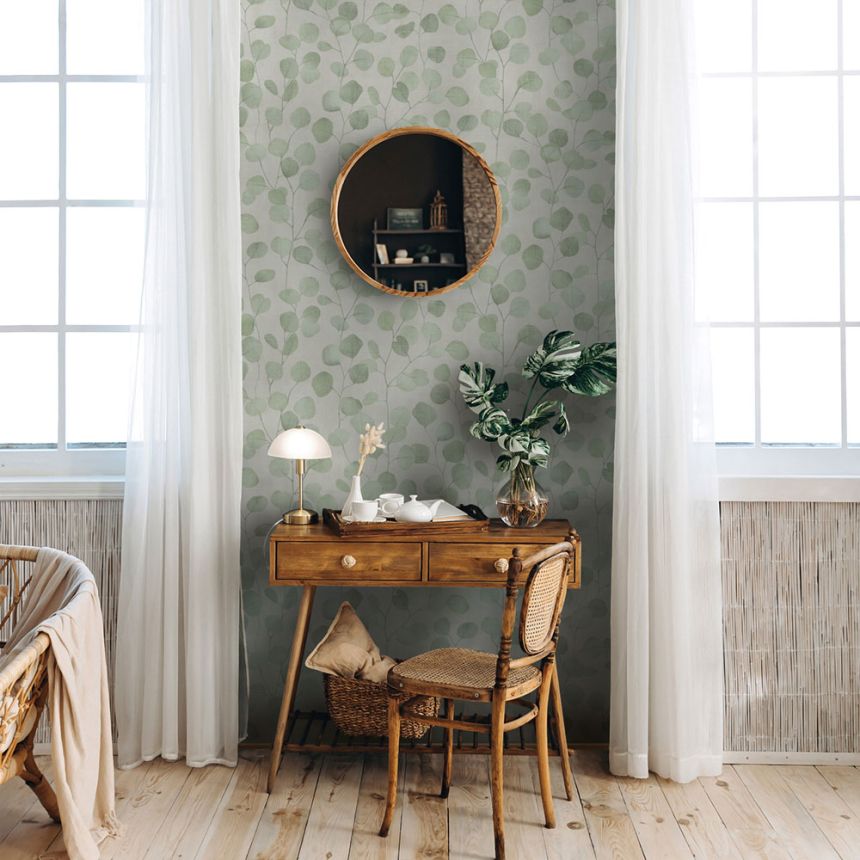 Non-woven wallpaper, green, cream, Leaves, S 81642, Bestseller Basic 1, Marburg