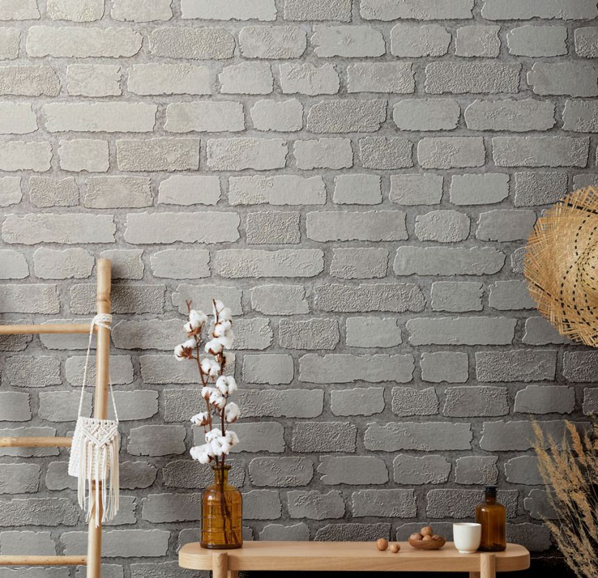 Wallpaper with a brick wall design, gray, white, S 58412, Pia, Novamur