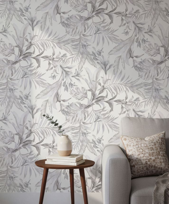 Wallpaper with leaves and flowers, gray-purple, gray, 89050, Pia, Novamur