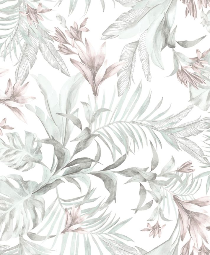Wallpaper with leaves and flowers, gray, pink, 89051, Pia, Novamur