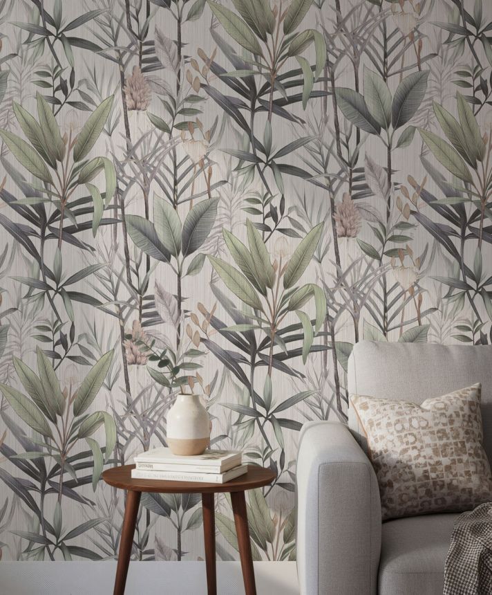 Wallpaper with plants and leaves, green, gray, 89063, Pia, Novamur
