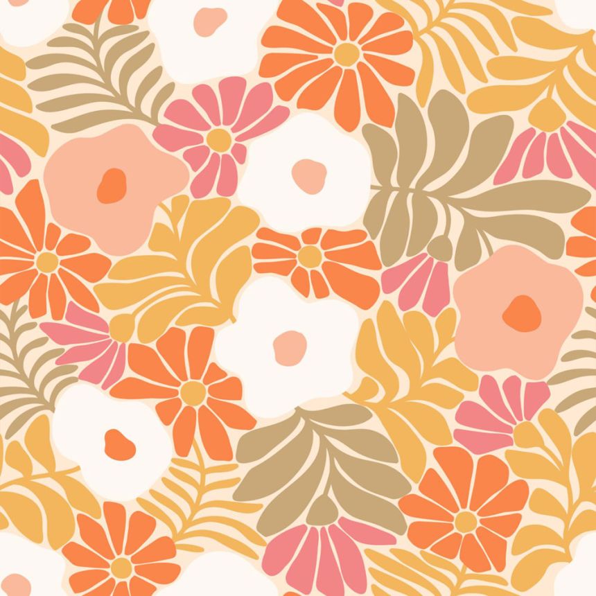 Wallpaper with flowers and leaves, orange, brown, 131005, Color Pop, Esta Home
