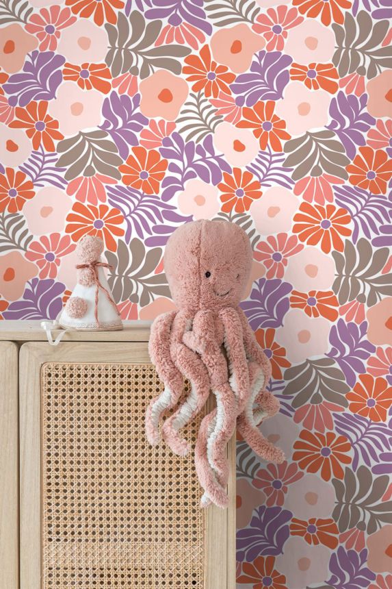 Wallpaper with flowers and leaves, red, gray, 131007, Color Pop, Esta Home
