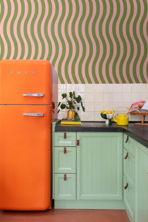 Wallpaper with wavy stripes, green and pink, 131610, Color Pop, Esta Home