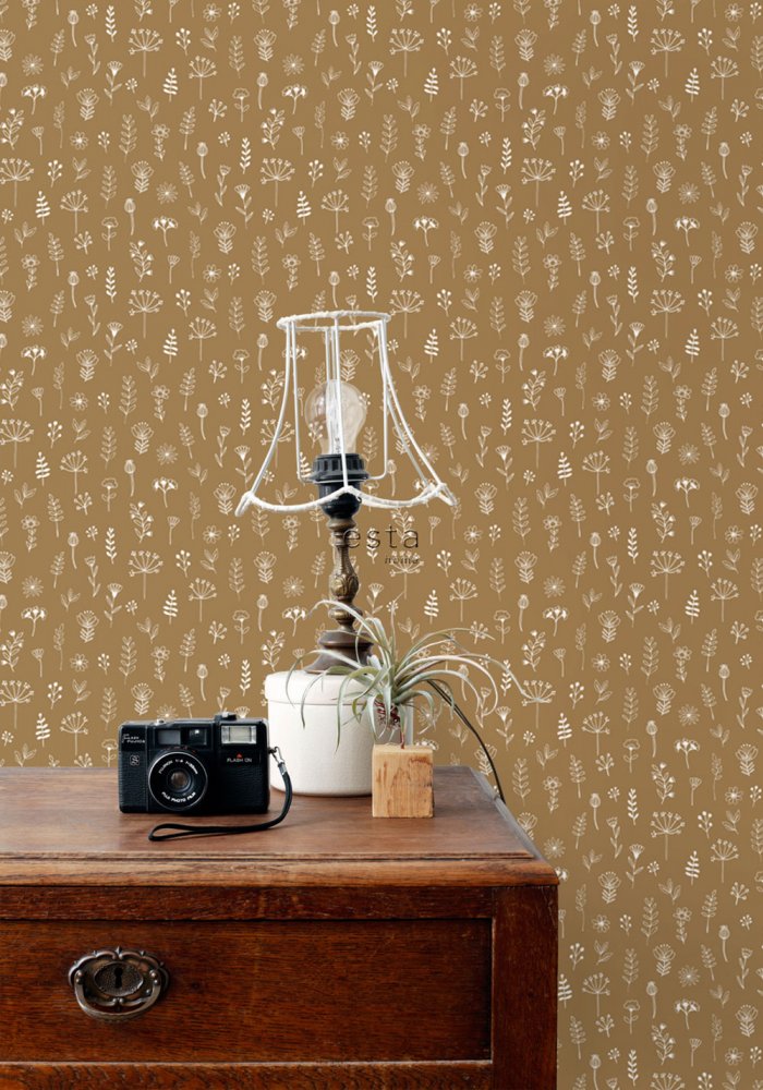 Dark ocher non-woven wallpaper, plants, flowers 139281, Forest Friends, Esta