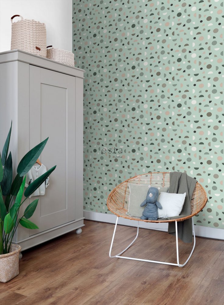 Green non-woven wallpaper, colored geometric shapes 139279, Forest Friends, Esta