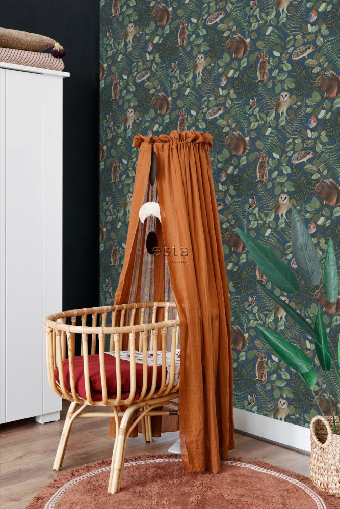 Blue non-woven children's wallpaper Forest animals 139250, Forest Friends, Esta