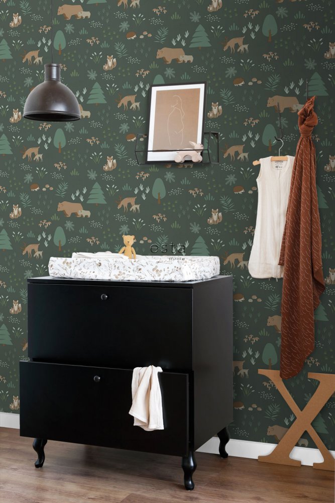 Gray non-woven children's wallpaper Animals in the woods 139249, Forest Friends, Esta