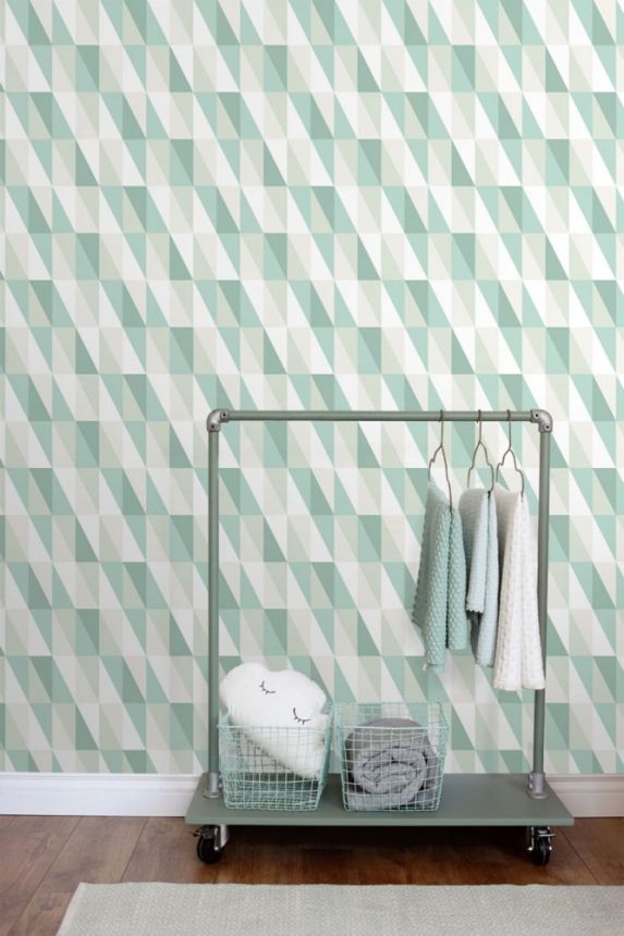 Geometric non-woven wallpaper, green-white triangles 138920, Little Bandits, Esta